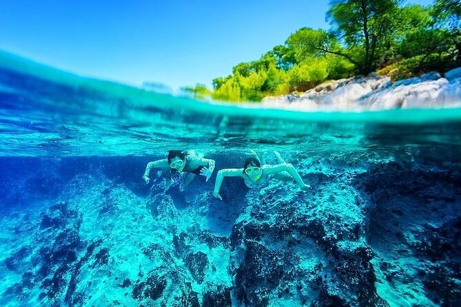 Private Boat Tour-Elafiti islands,Blue and green cave,Sandy Beach - Kolocep Island: Blue cave reflections, snorkeling gear, and the Three Caves swim